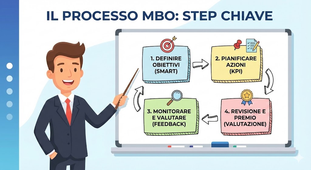 Illustrazione stile powerpoint di un uomo che spiega gli step di un processo mbo alla lavagna