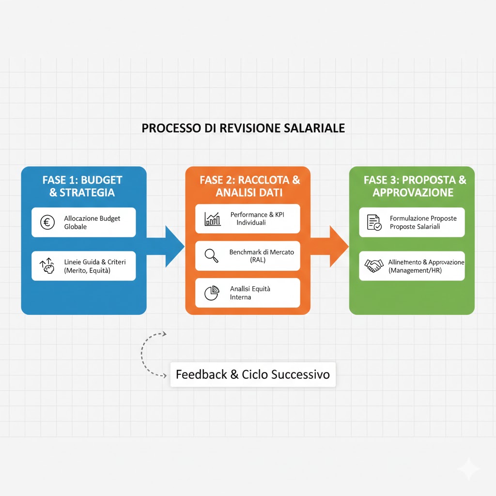 Un diagramma di flusso orizzontale illustra il processo di revisione salariale in tre fasi: budget, dati e proposta.