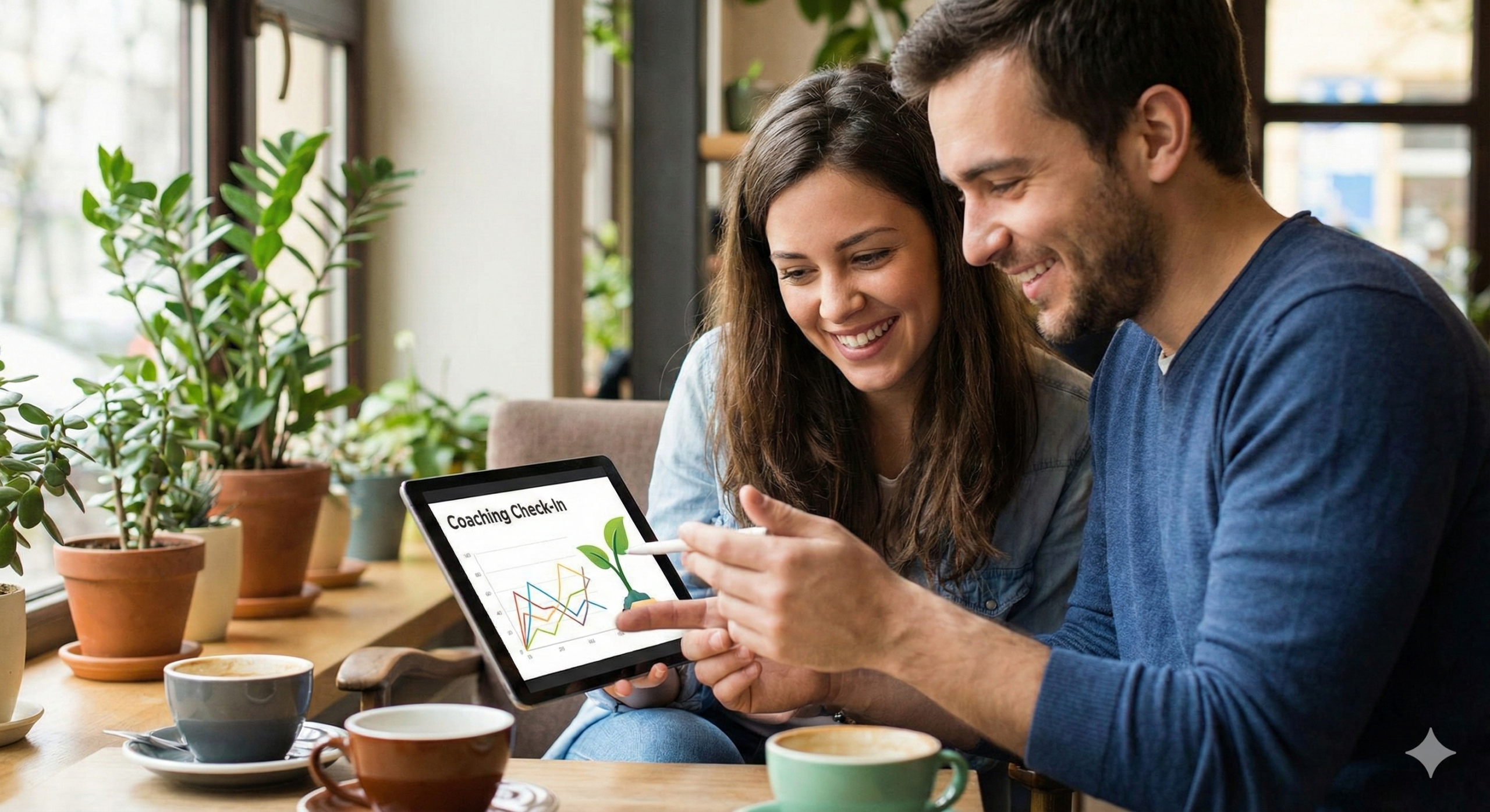 Due persone sorridenti esaminano un tablet che mostra grafici di crescita e una piantina, con la scritta 'Coaching Check-In'.