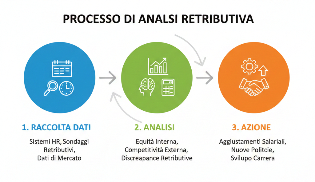 Infografica del processo di analisi retributiva con raccolta dati, analisi e azione.