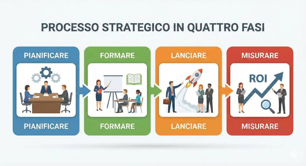 Illustrazione di un processo strategico in quattro fasi: Pianificare, Formare, Lanciare, Misurare. Include figure di HR, manager e un grafico ROI.