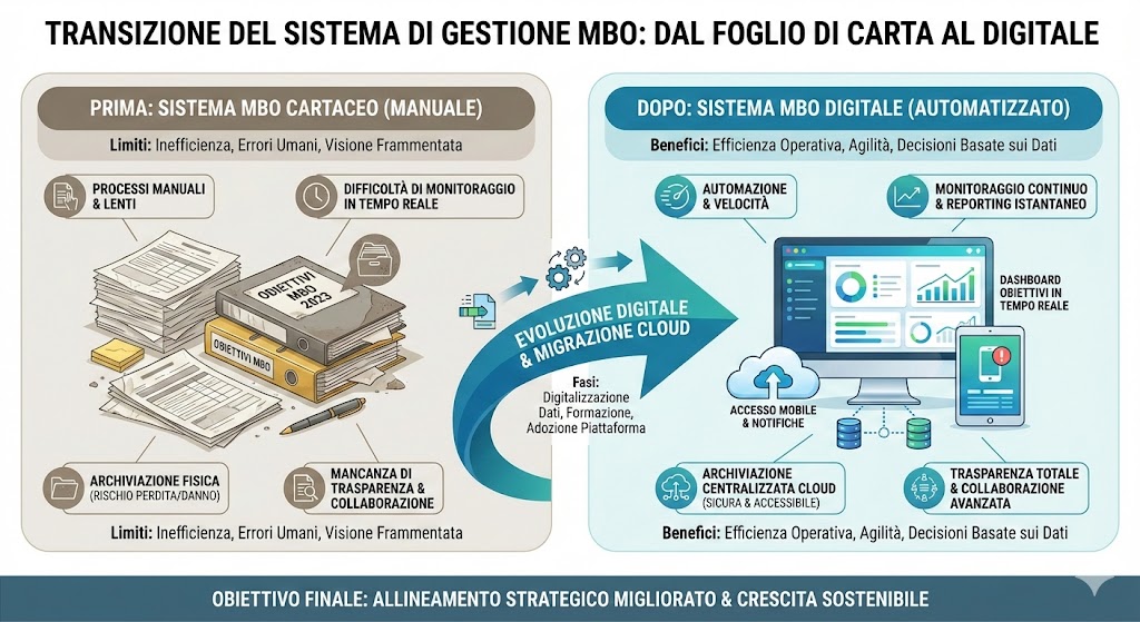 Rappresentazione stile powerpoint del passaggio di un sistema di gestione MBO da un foglio di carta a un sistema digitale