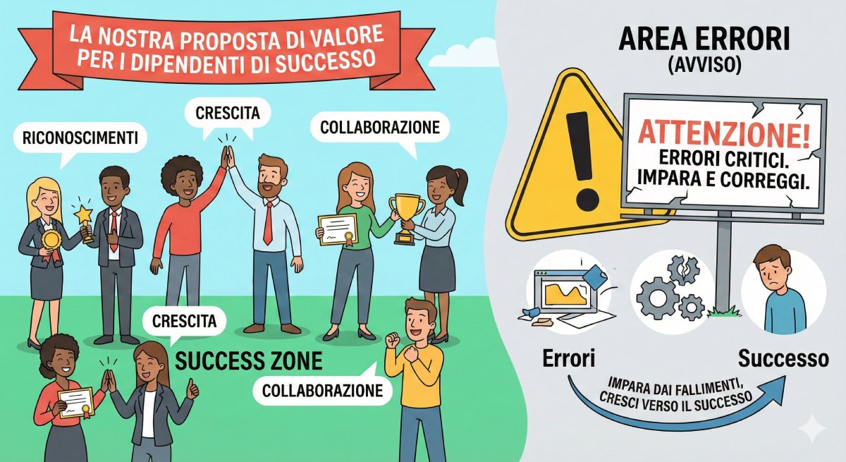 Illustrazione di una proposta di valore per i dipendenti di successo con persone felici e riconoscimenti, e un'area errori con un cartellone di avviso.