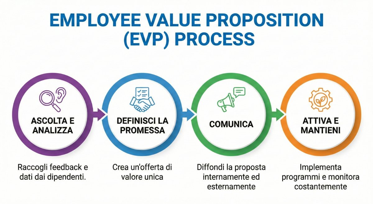  Diagramma a 4 fasi che mostra un processo con icone e testo: Ascolta e Analizza, Definisci la promessa, Comunica, Attiva e Mantieni.