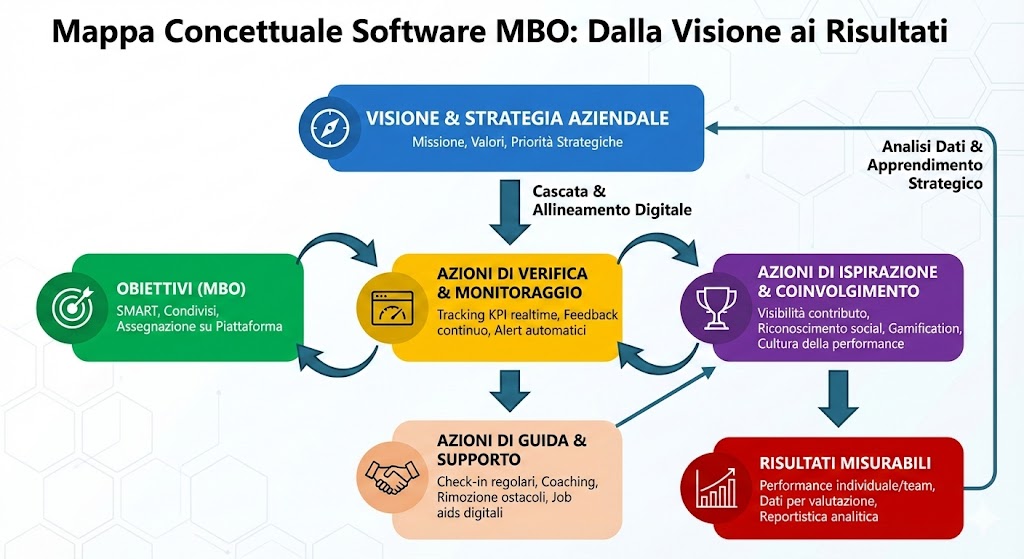 Mappa concettuale del Software MBO che collega Visione, Obiettivi e Risultati attraverso azioni di verifica, guida e ispirazione.