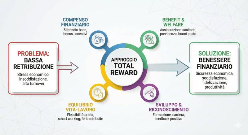 Mappa concettuale che illustra il percorso dal problema della bassa retribuzione alla soluzione di benessere finanziario tramite total reward.