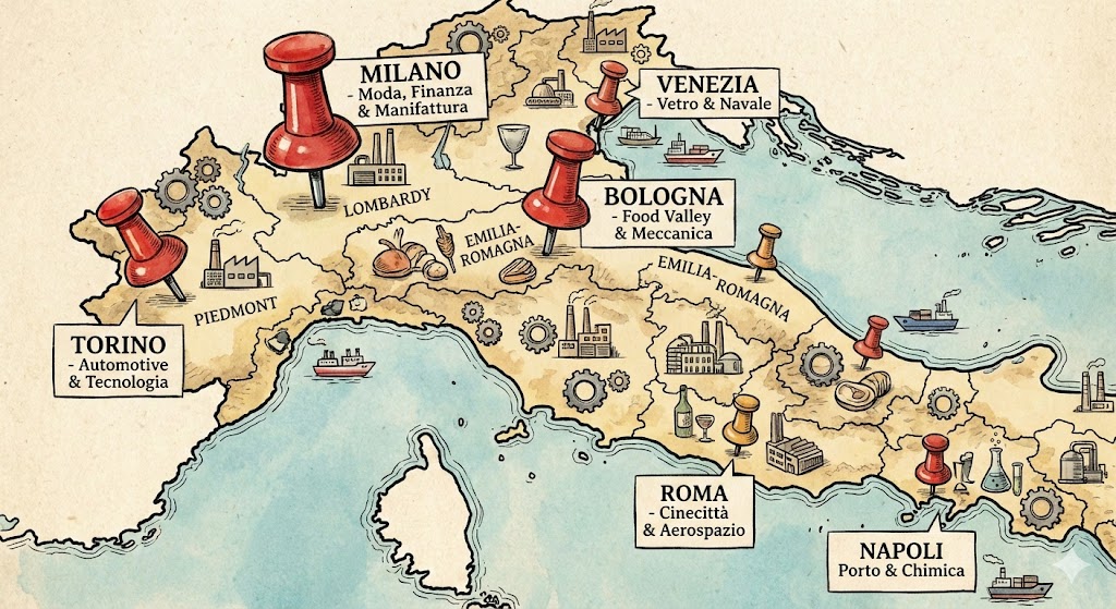 Mappa dell'Italia con icone industriali e puntine di localizzazione in Lombardia, Emilia-Romagna e altre regioni.