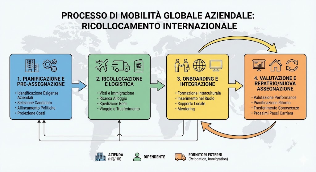 Diagramma semplice sulla mobilità globale aziendale che illustra come le persone vengono ricollocate in altre geografie
