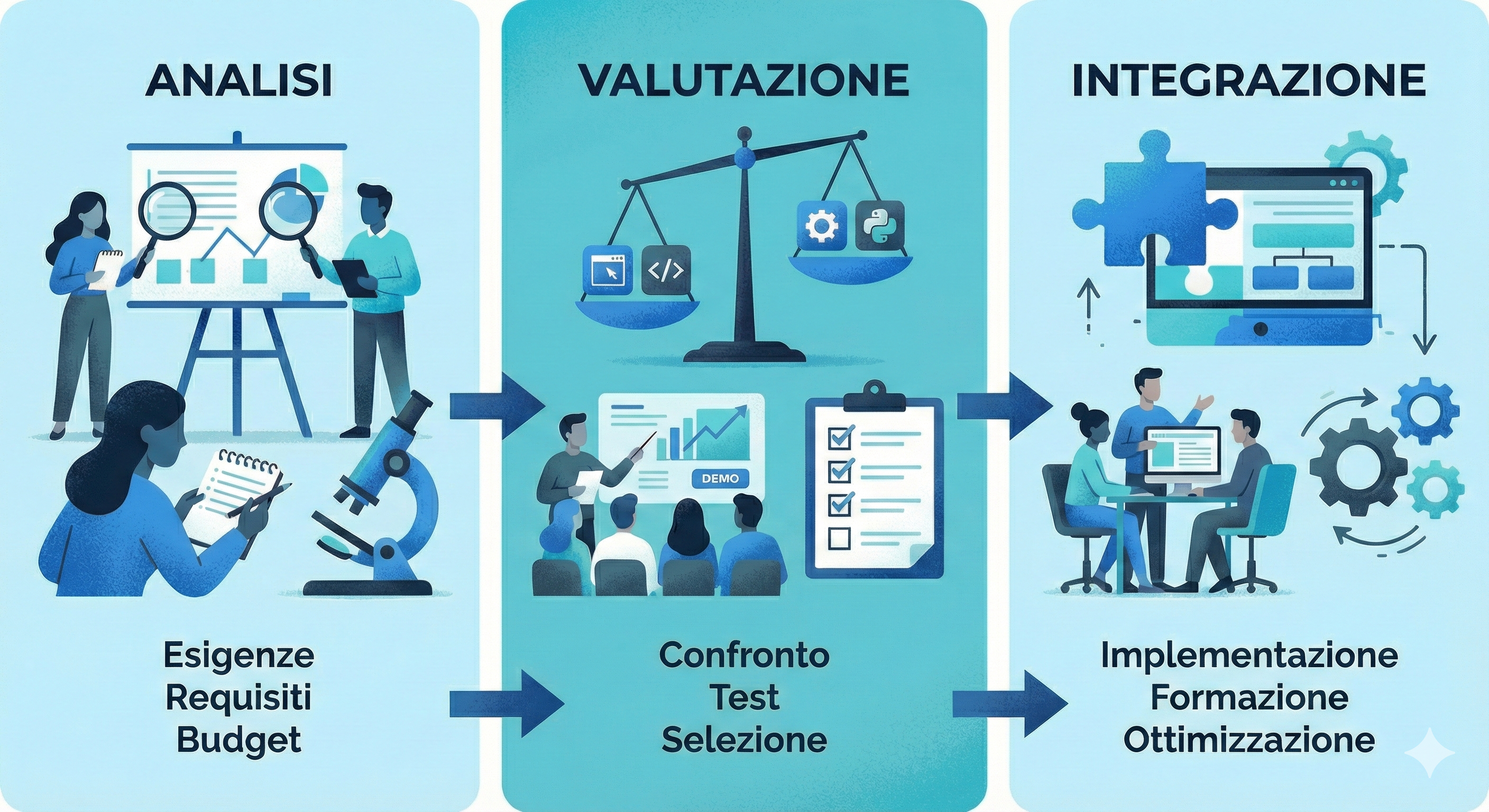 Illustrazione del processo di scelta del software con tre fasi: analisi, valutazione e integrazione.