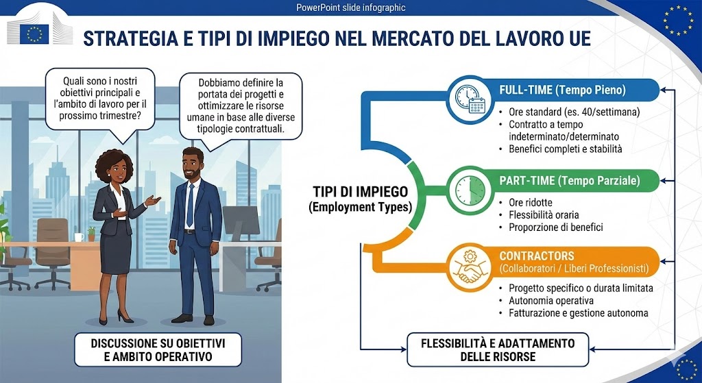 vignetta di due professionisti discutono obiettivi e ambito di lavoro, con un diagramma che mostra tipi di impiego: Full-Time, Part-Time, Livin-Time, Contractors.