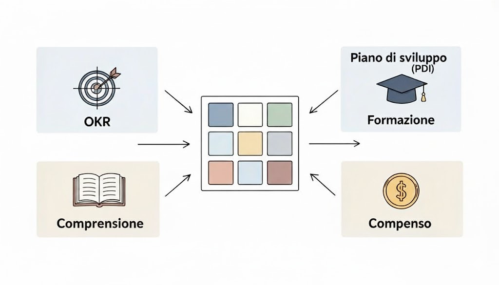 Schema di un 9-box grid che collega obiettivi (OKR), formazione, apprendimento e retribuzione.