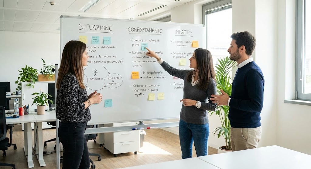 Tre persone che discutono davanti a una lavagna con appunti su "Situazione, Comportamento e Impatto".