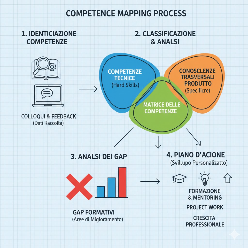 Diagramma per la mappatura delle competenze con aree colorate, una lente d'ingrandimento, un libro aperto e un laptop con chat, indicando i gap formativi.
