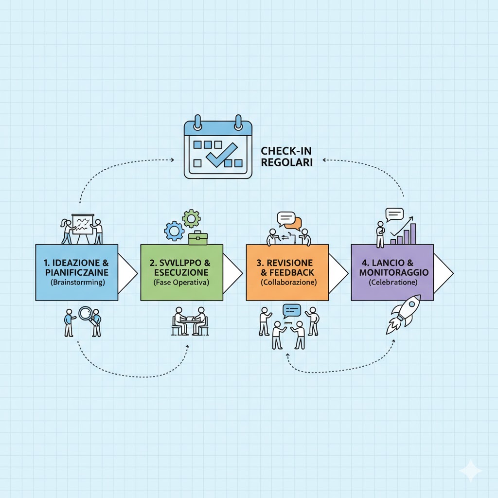 Timeline illustrata con diverse fasi, persone che comunicano e un calendario per check-in regolari.