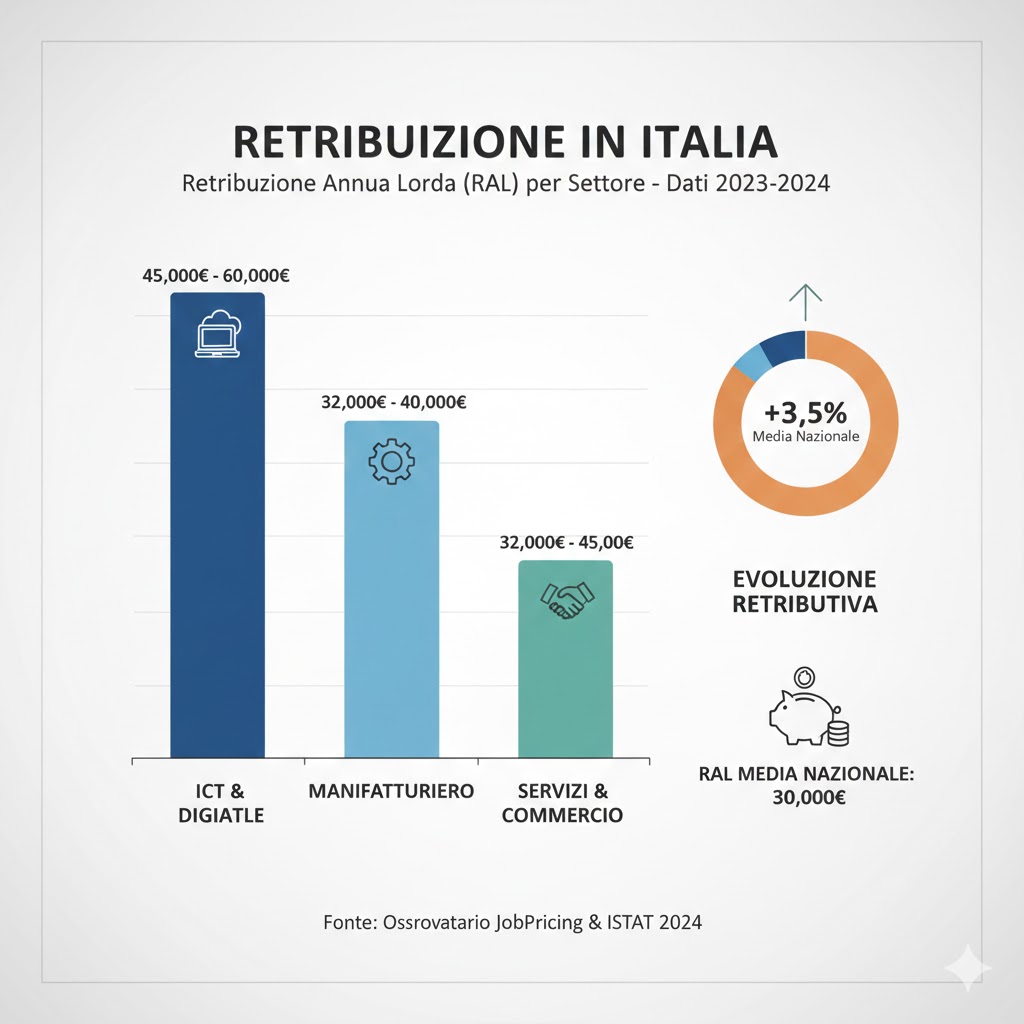 Grafico a barre sulla retribuzione in Italia, confrontando Milano, Roma e Napoli, con icone di benchmark.