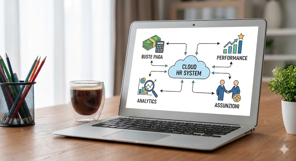 Diagramma HR su laptop che collega buste paga, performance, analytics e assunzioni a un sistema cloud.