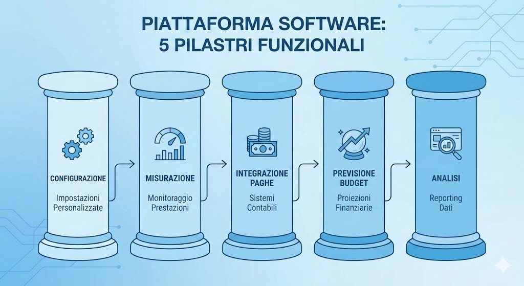 Cinque pilastri verticali che mostrano funzionalità software chiave: configurazione, misurazione, integrazione paghe, previsione budget,e analisi.