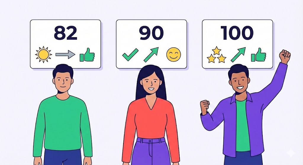 Illustrazione che mostra tre individui con schede di performance digitali trasparenti sopra le loro teste, con numeri e icone.