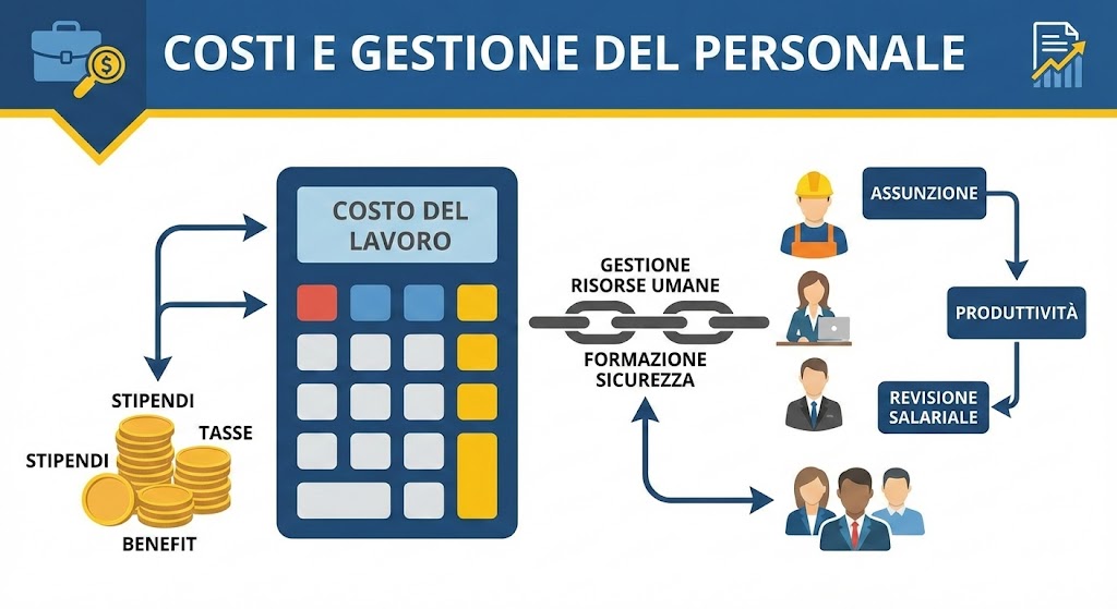 Calcolatrice, monete, catena e figure di lavoratori: illustra costi e gestione del personale.