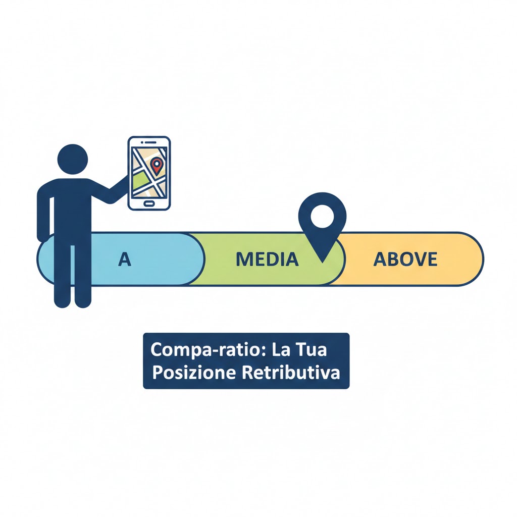 Illustrazione stile powerpoint di una timeline di compa-ratio con indicatore di posizione, una persona, uno smartphone con mappa e segmenti etichettati A, Media, e ABOVE.