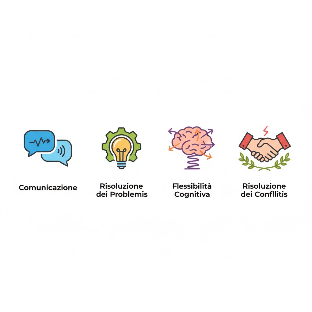Quattro icone rappresentano competenze trasversali: comunicazione, risoluzione dei problemi, flessibilità cognitiva e risoluzione dei conflitti.