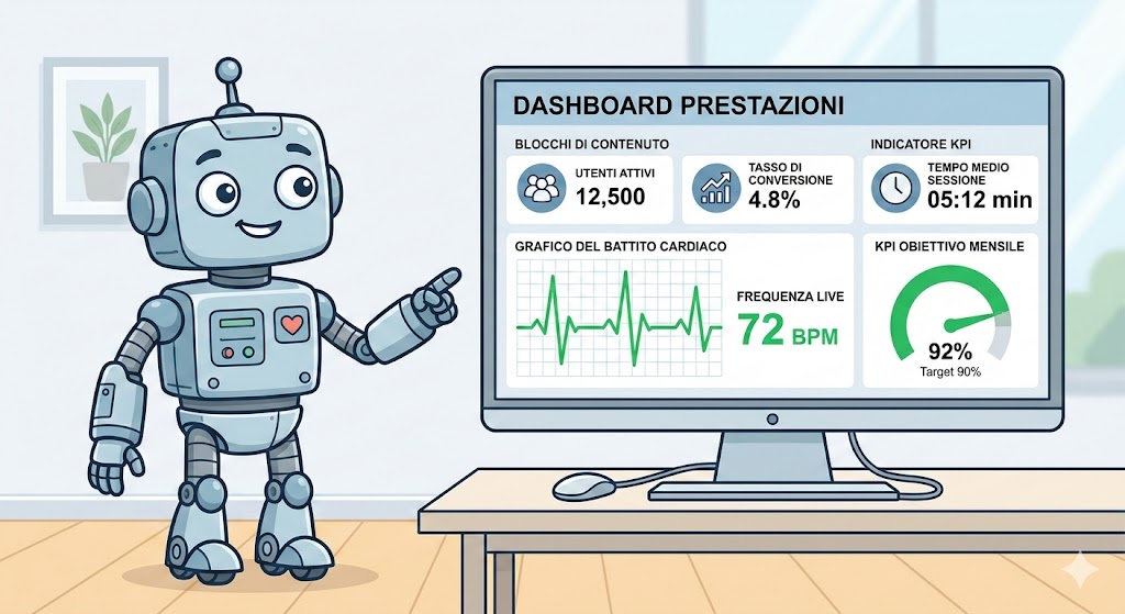 Robot cartone animato accanto a un monitor con blocchi di contenuto, grafico del battito cardiaco e indicatore KPI.