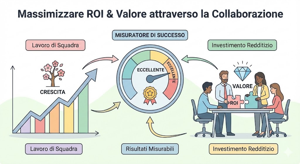  Grafico di crescita, misuratore di successo e persone che collaborano per il ROI e il valore.