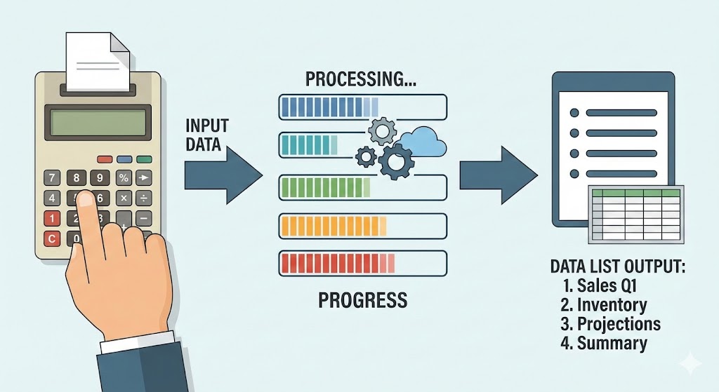Un'illustrazione stile powerponit che mostra l'inserimento di dati da una calcolatrice, elaborati tramite barre di avanzamento e visualizzati come un elenco.