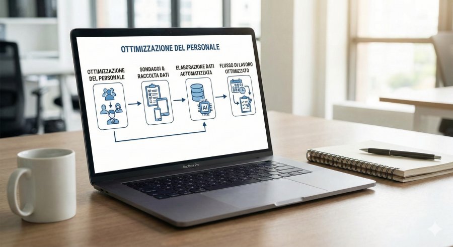 Un laptop mostra un diagramma di flusso di lavoro automatizzato, elaborazione dati e sondaggi, utile per l'ottimizzazione del personale.