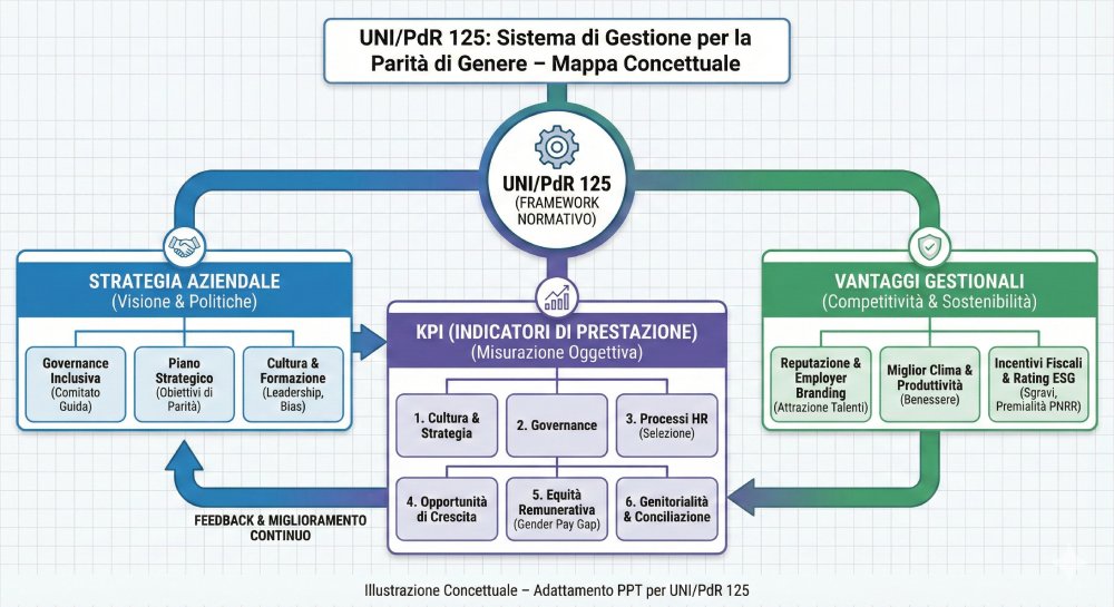 Mappa concettuale UNI/PdR 125 che collega strategia, KPI e vantaggi per la gestione aziendale.