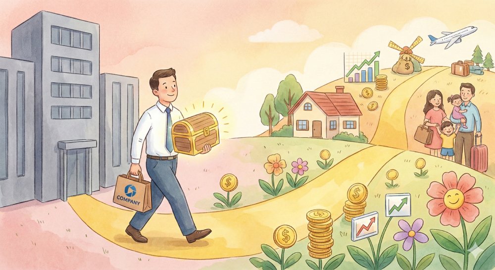 Illustrazione di un dipendente che, partendo da un'azienda, vede la sua ricchezza aumentare, rappresentata da monete d'oro in crescita.