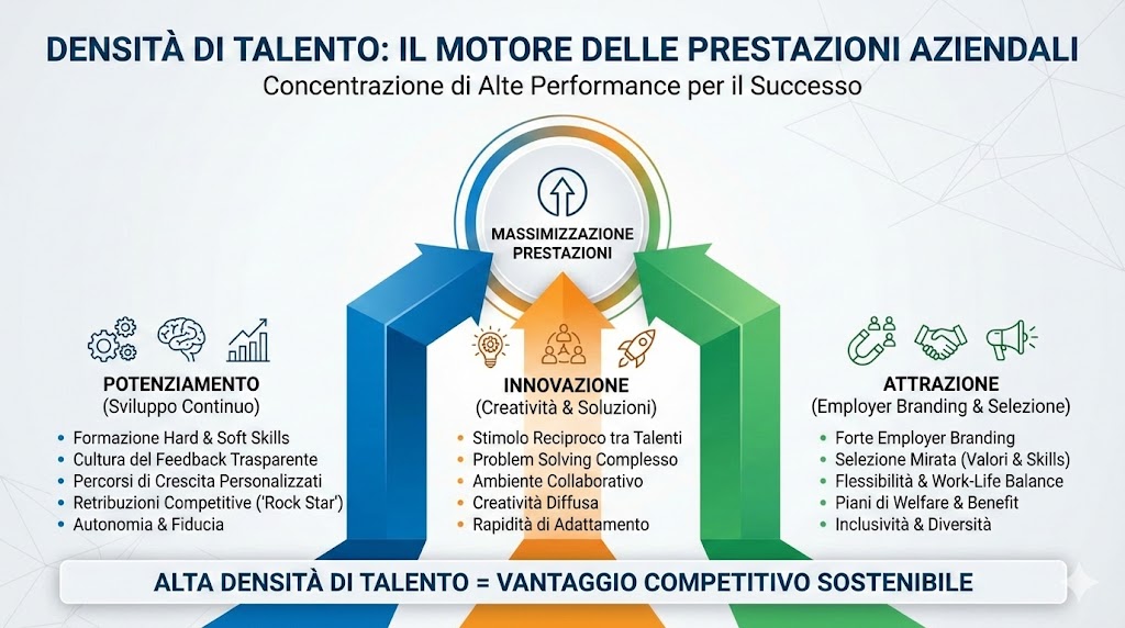 Infografica sulla Densità di Talento con punti chiave su potenziamento, innovazione e attrazione per massimizzare le prestazioni aziendali.