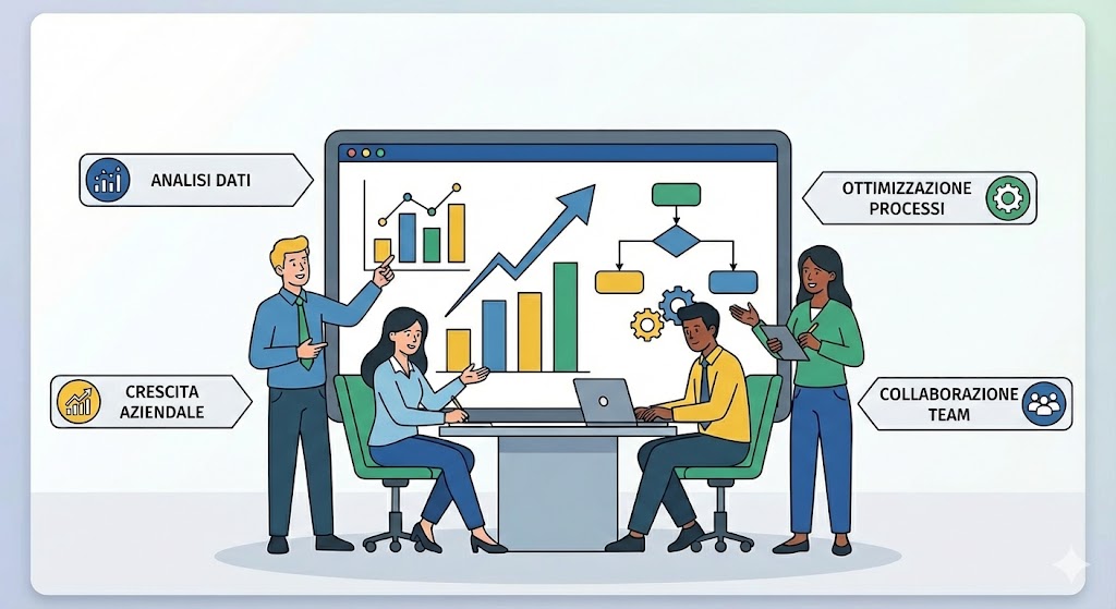 Illustrazione di persone in team che collaborano, analizzando dati per favorire la crescita aziendale e l'ottimizzazione dei processi.