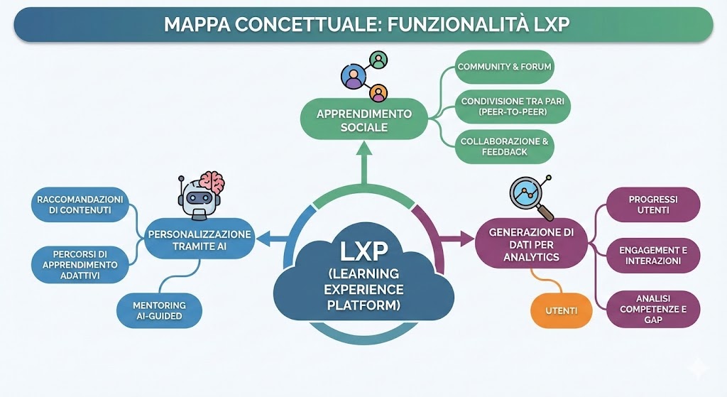Illustrazione stile powerpoint di Mappa concettuale delle funzionalità di una LXP (Learning Experience Platform), inclusa personalizzazione tramite AI, apprendimento sociale e generazione di dati per analytics. in italiano