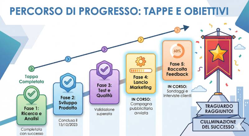 illustrazipne di Percorso di progresso con tappe completate e in corso, che culmina in una bandiera con stella.