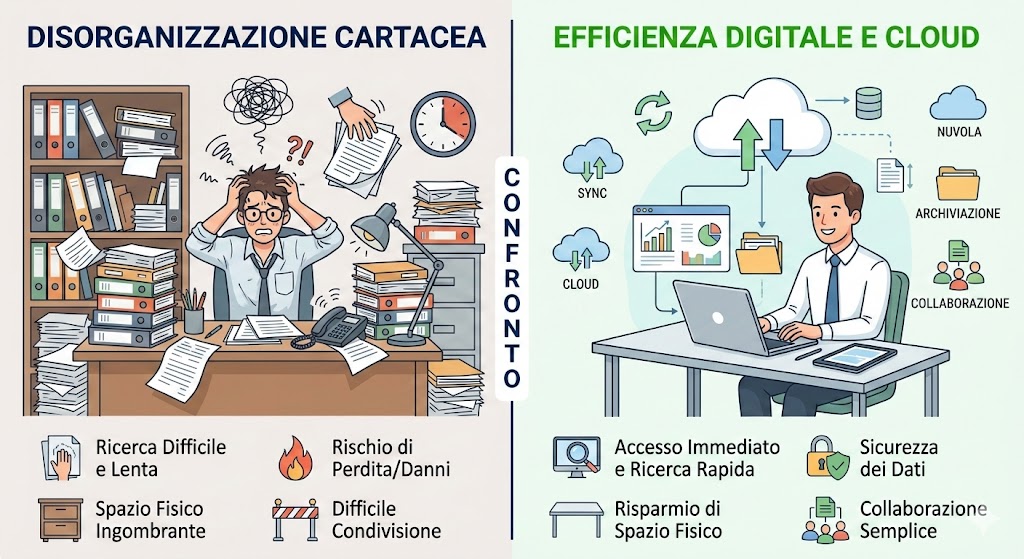 Immagine che confronta la disorganizzazione di documenti cartacei con l'efficienza di processi digitali e cloud.