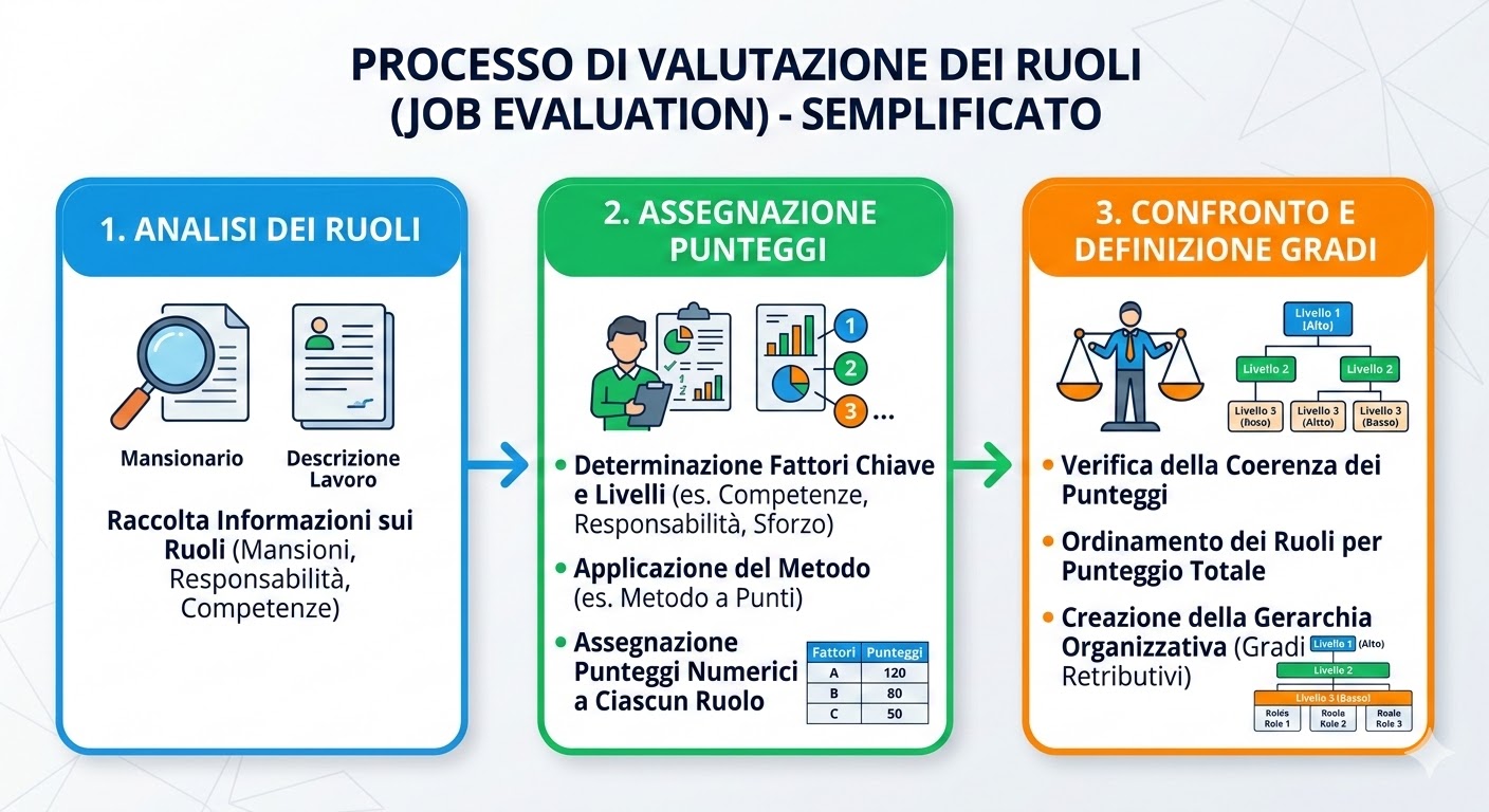 Diagramma del processo di job evaluation, con tre fasi: analisi, punteggio e confronto.