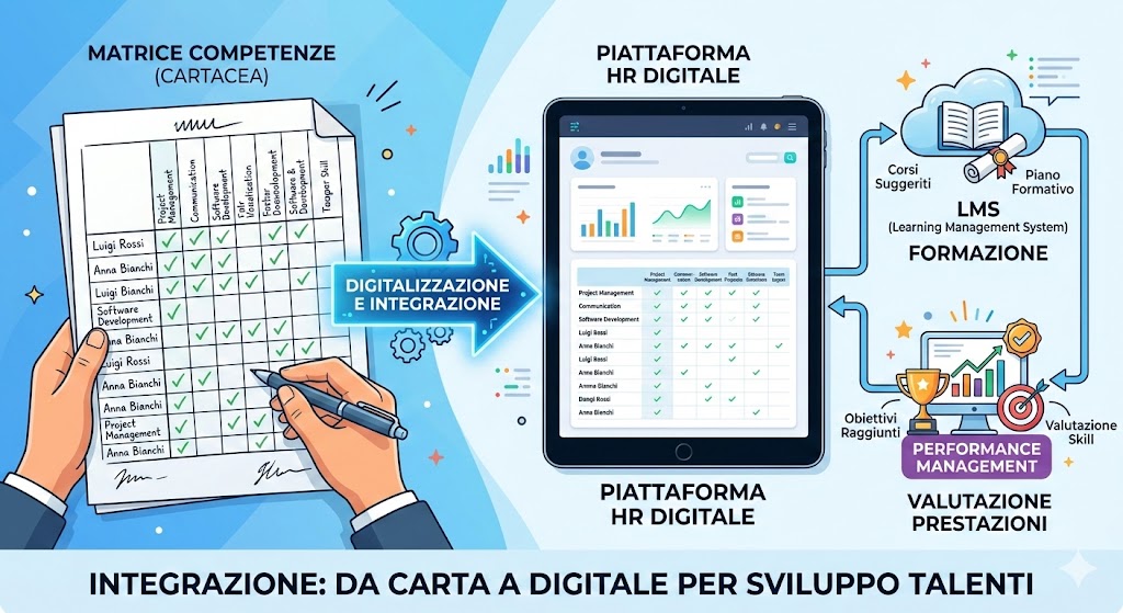 Illustrazione stile powerpoint di una matrice delle competenze cartacea si integra in un sistema HR digitale su tablet, collegando LMS e performance.
