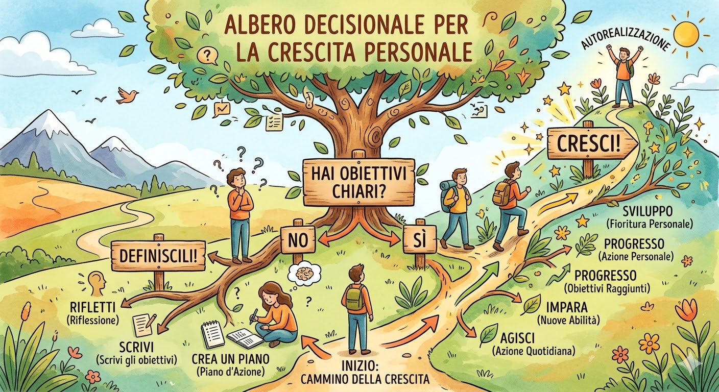 Albero decisionale per la crescita personale: se non hai obiettivi, definiscili; se ne hai, cresci.