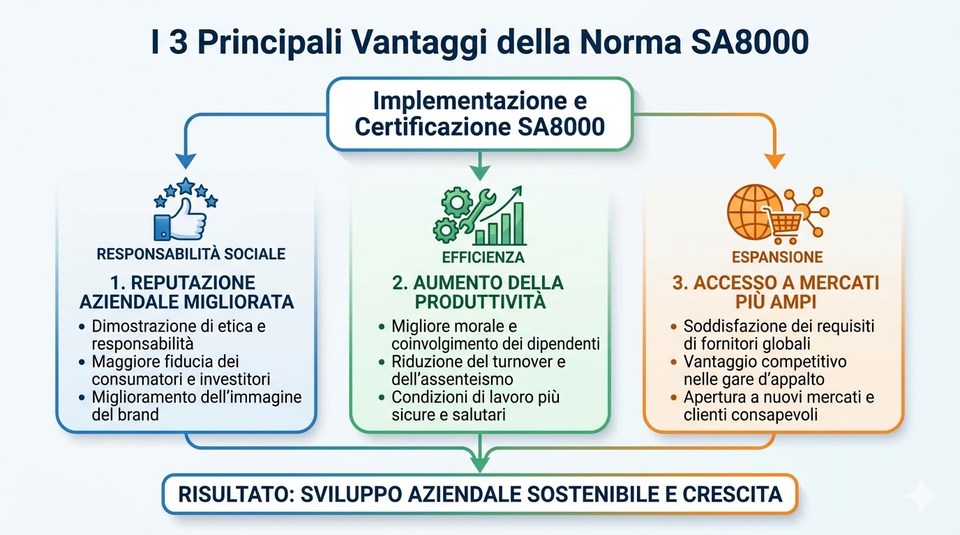 Un diagramma di flusso che illustra i 3 vantaggi principali della norma SA8000: reputazione, produttività e mercati più ampi.