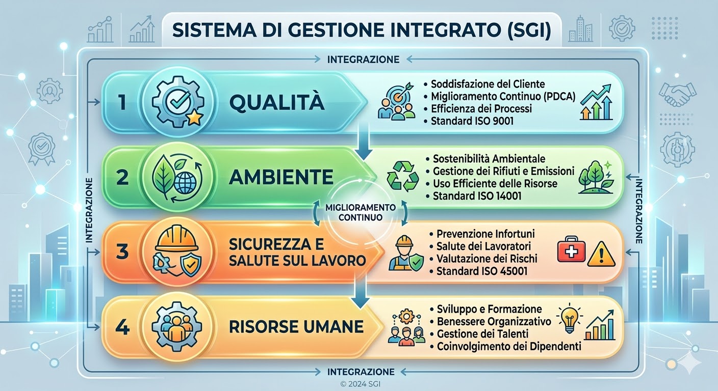 Diagramma SGI con 4 pilastri orizzontali: Qualità, Ambiente, Sicurezza e Risorse Umane, rappresentati con icone.