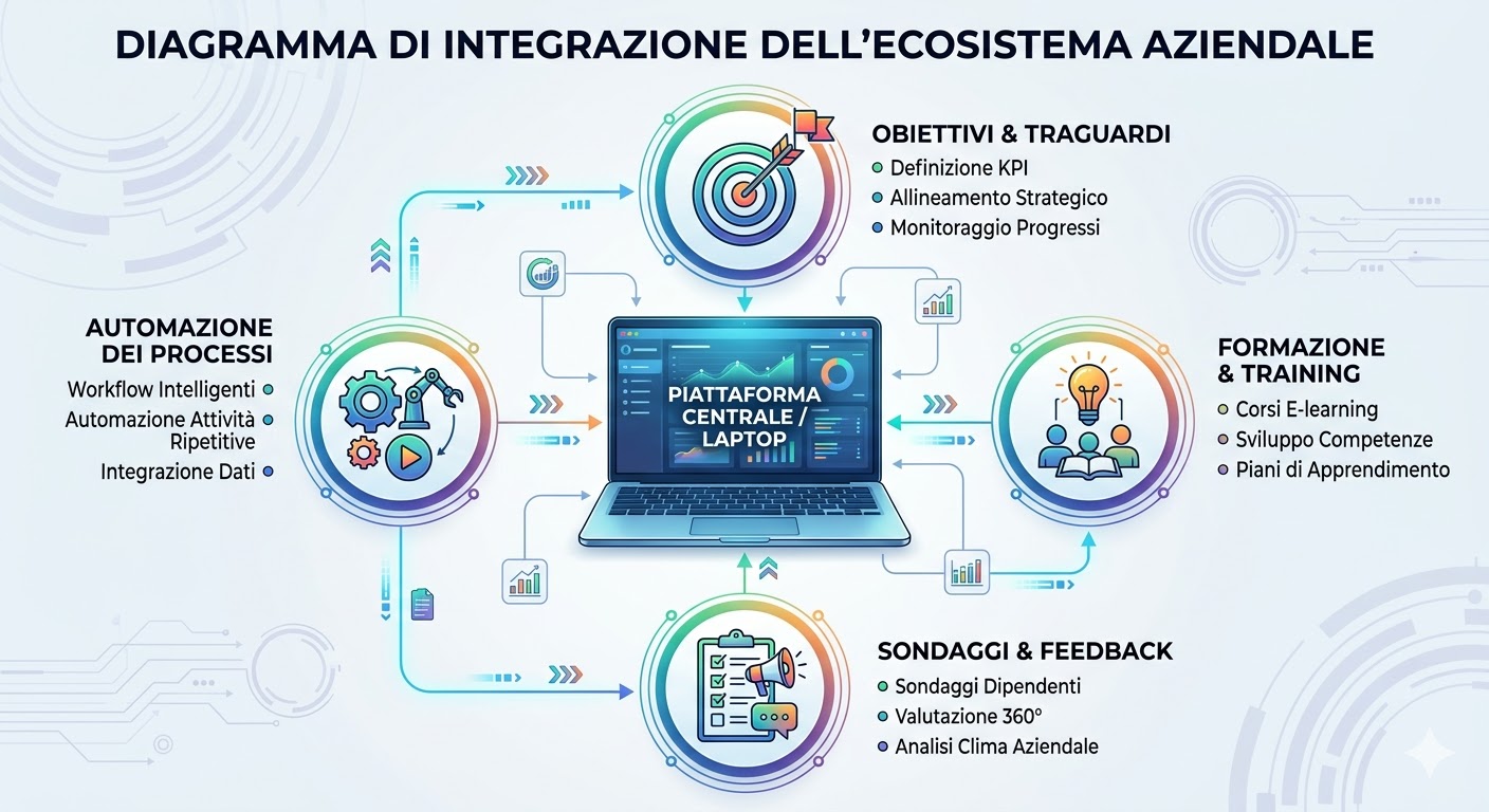 Un laptop al centro di un diagramma che mostra l'integrazione con obiettivi , training, sondaggi e automazione.