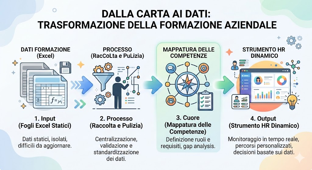 Diagramma che illustra il processo di trasformazione dei dati da fogli Excel statici a uno strumento HR dinamico, passando per la mappatura.
