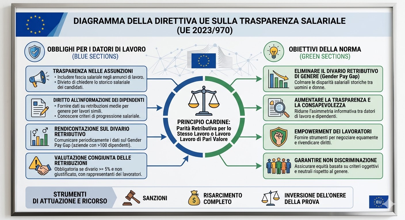 diagramma che illustra gli obblighi della norma sulla trasparenza salariale eu e i relativi obiettivi