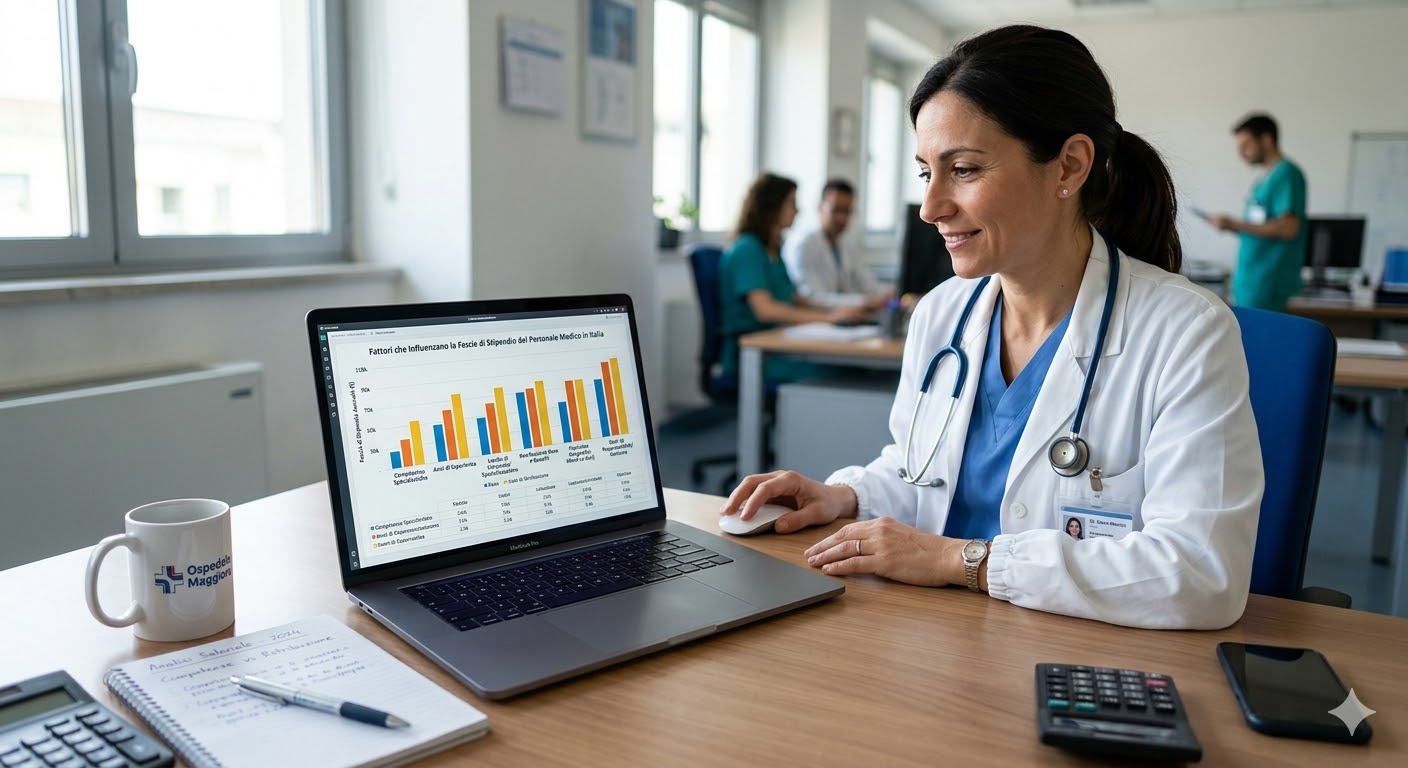 Grafico su laptop che mostra fattori come competenze e retribuzione che influenzano la fascia di stipendio, con personale medico.