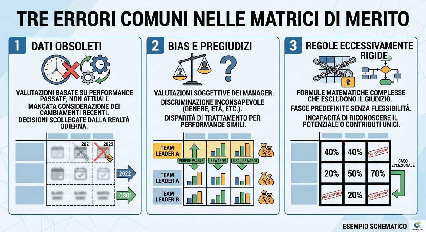 L'immagine mostra i tre errori comuni nelle matrici di merito: dati obsoleti, bias e regole eccessivamente rigide.