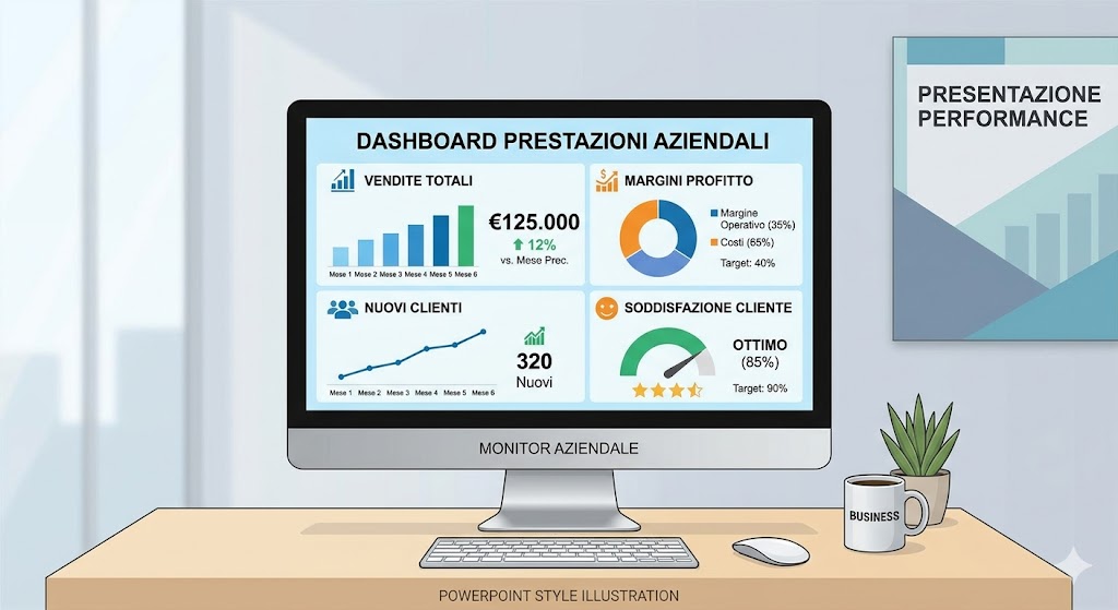 Illustrazione semplice stile powerpoint di un monitor con dashboard di performance aziendale 