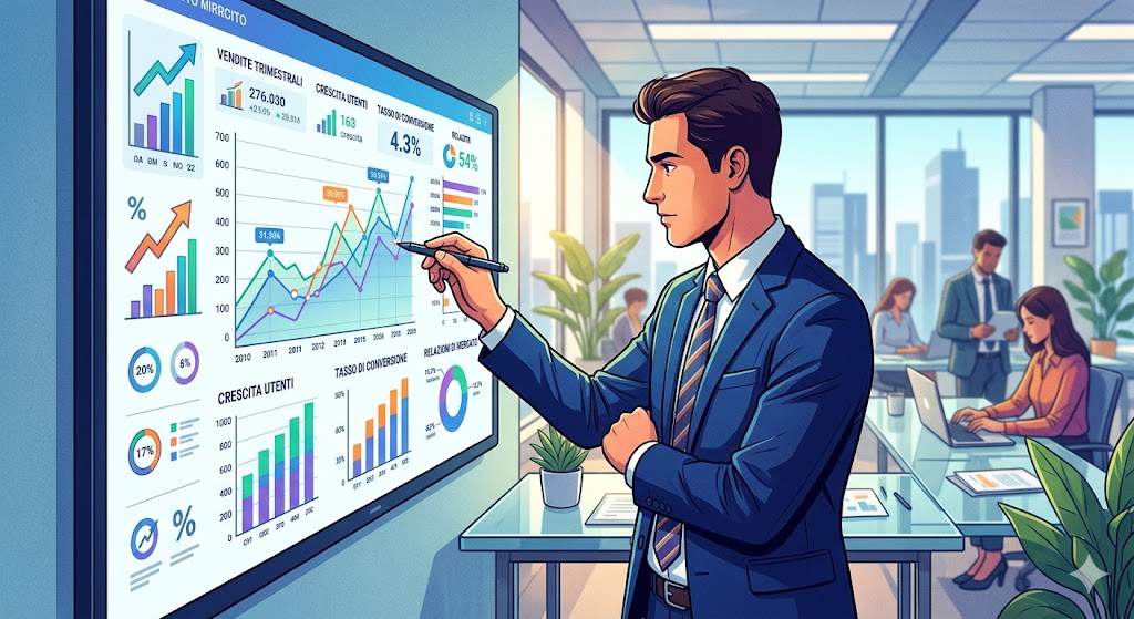 illustrazione Un professionista in giacca e cravatta analizza dati aziendali e metriche di performance su un display digitale.