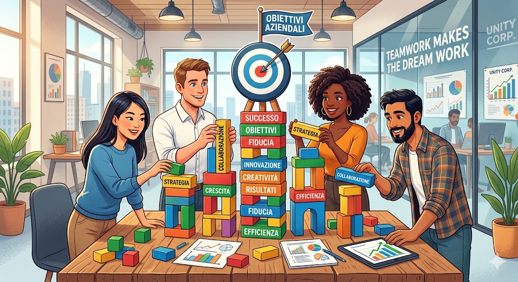 Quattro persone costruiscono torri con blocchi colorati, una con un bersaglio, simboleggiando la collaborazione per gli obiettivi aziendali.