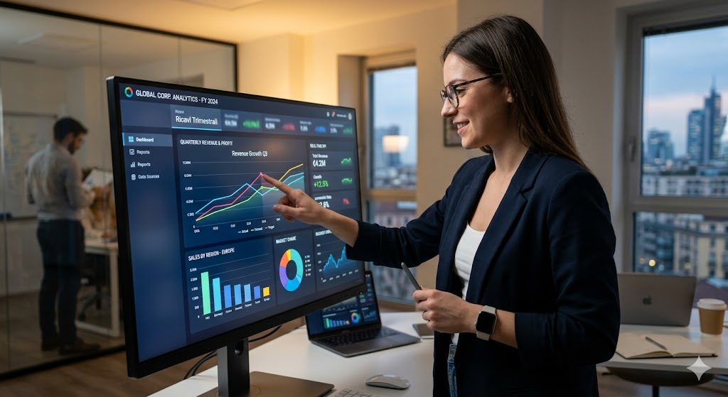 Una persona interagisce con un'interfaccia digitale che analizza dati per generare grafici di performance aziendale.